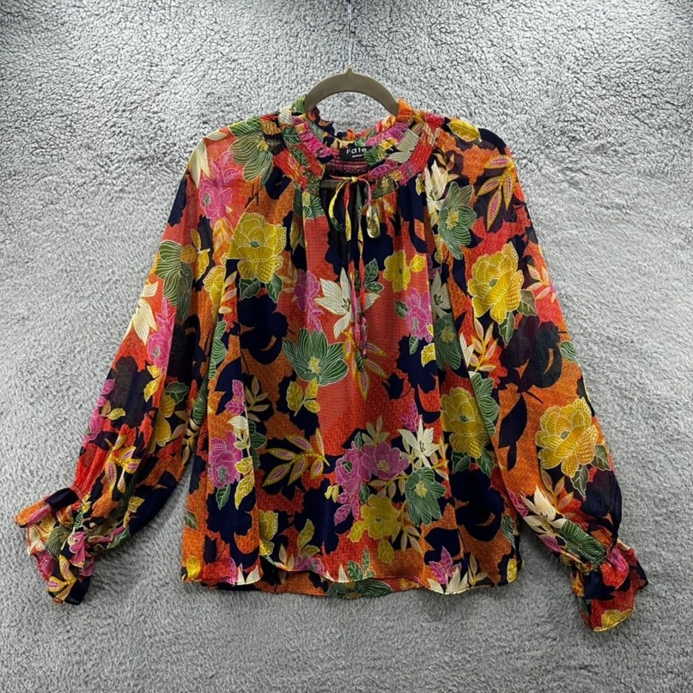 NWOT Fate Women Medium Multicolor Floral Smocked Neck Tie Front Chiffon Blouse